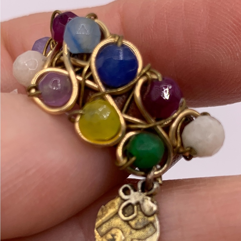 Multicolor Beaded Wire Wrapped Ring With Leather … - image 1